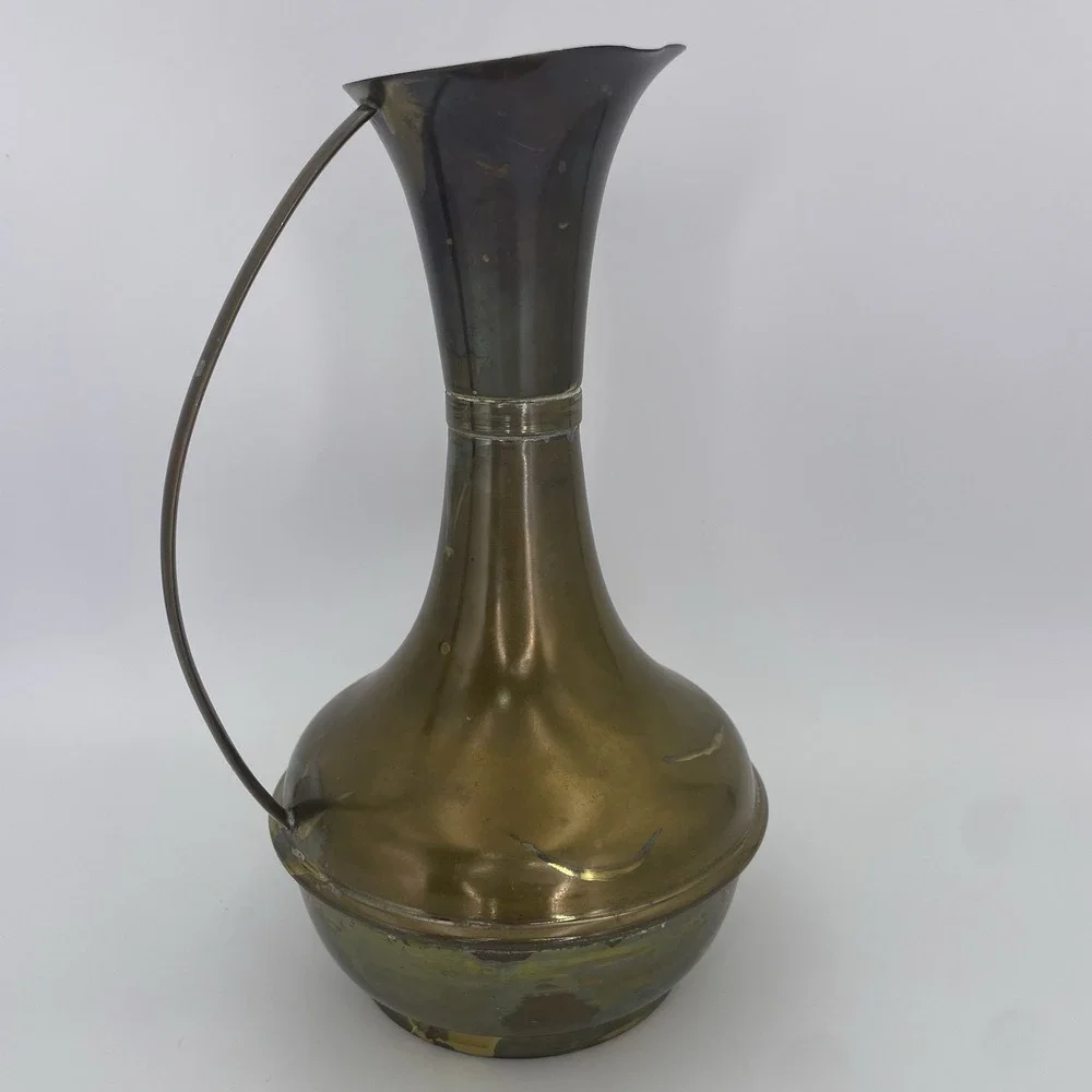 Vintage MCM  Brass Water Pitcher Vase Decanter With Curved Handle 9.5